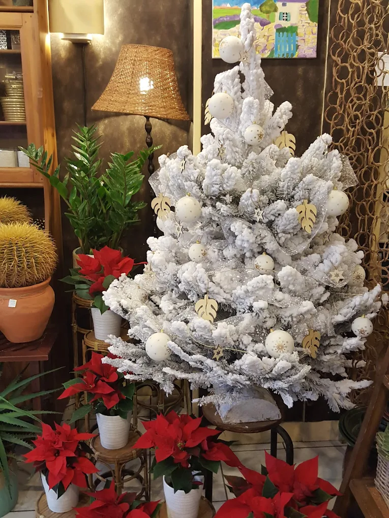Décoration de Noël avec sapin enneigé et poinsettias